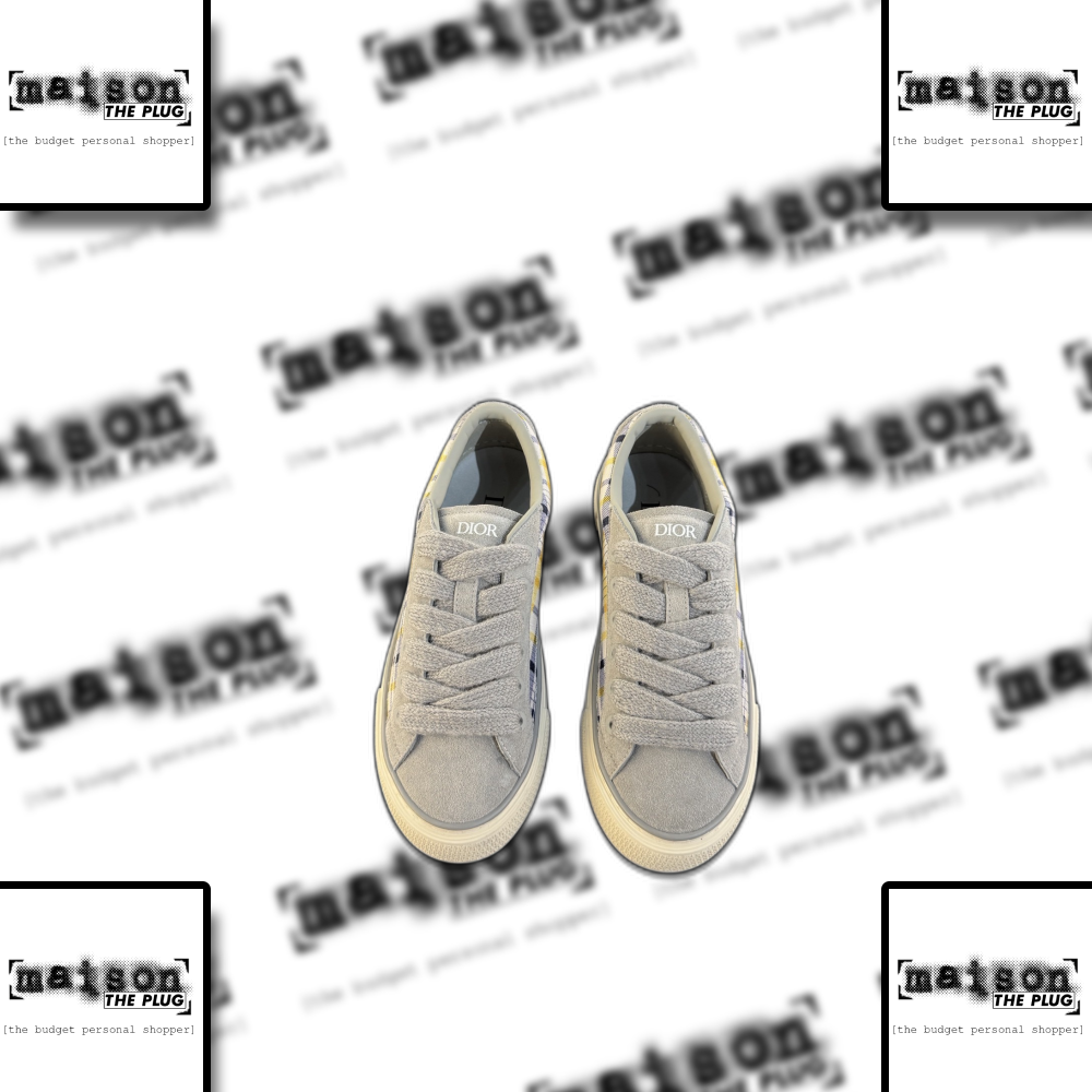 Grey Suede Low-Top Sneakers with Plaid Accents