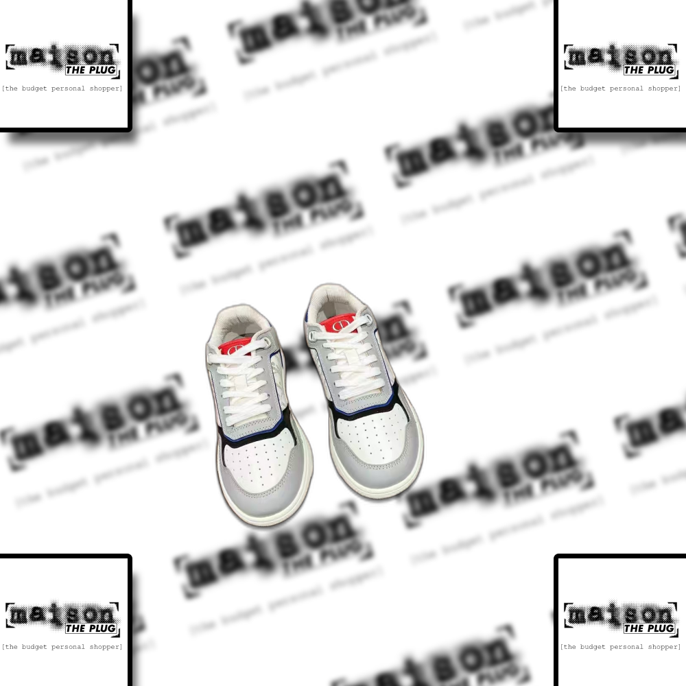 White and Grey Leather Sneakers with Red Logo